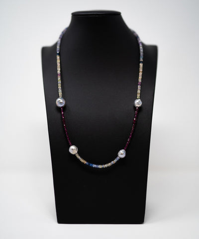 Multi Saphir mit Perle und Rubin, extra lang